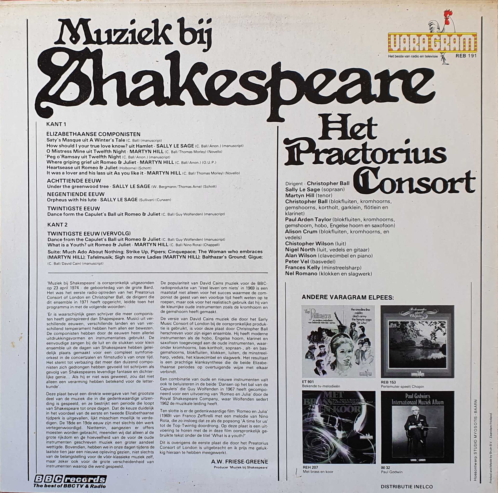 Picture of REB 191-iD Muziek bij Shakespeare by artist The Praetorius Consort from the BBC records and Tapes library